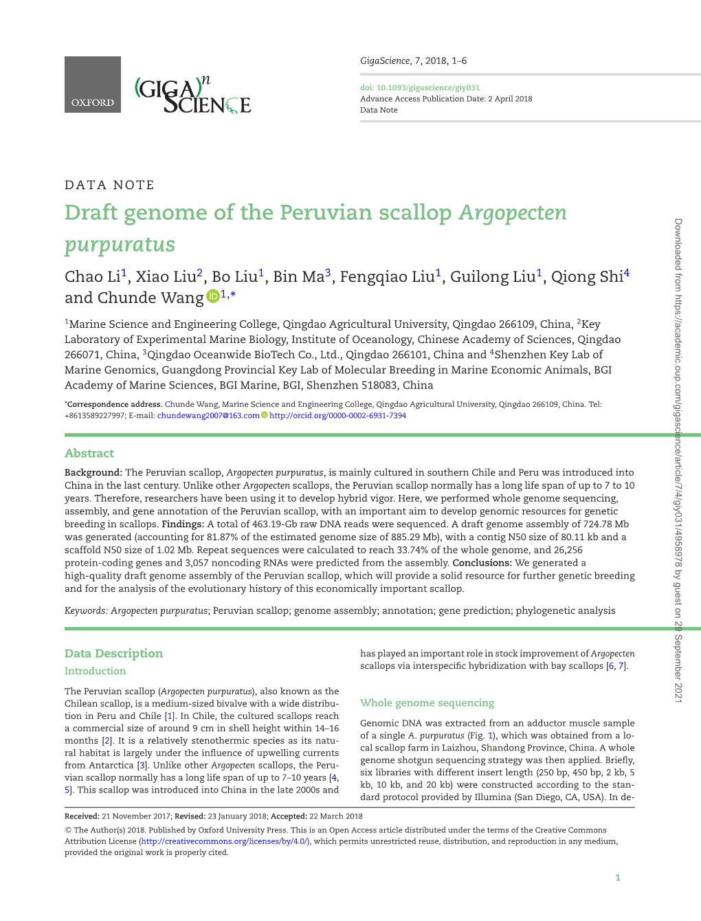 Draft Genome of the Peruvian Scallop Argopecten Purpuratus