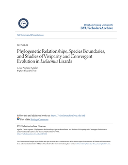 Phylogenetic Relationships, Species Boundaries, and Studies of Viviparity and Convergent Evolution in Liolaemus Lizards Cesar Augusto Aguilar Brigham Young University