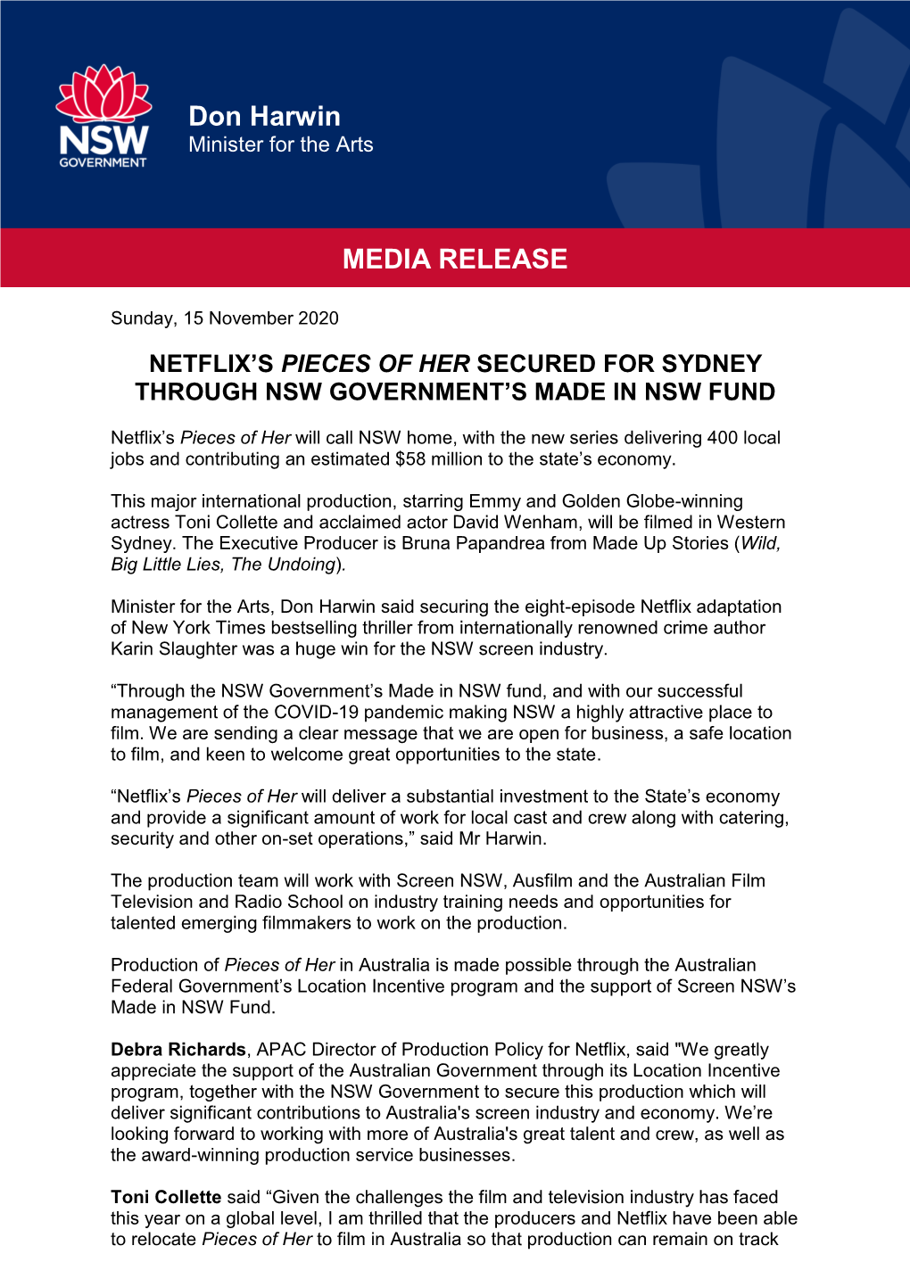 Don Harwin MEDIA RELEASE