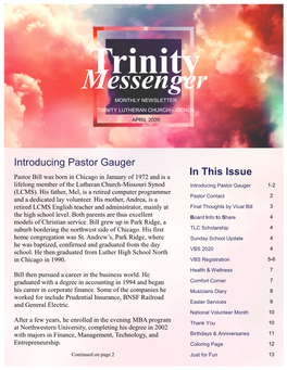 Messengertrinity MONTHLY NEWSLETTER TRINITY LUTHERAN CHURCH – GENOA APRIL 2020