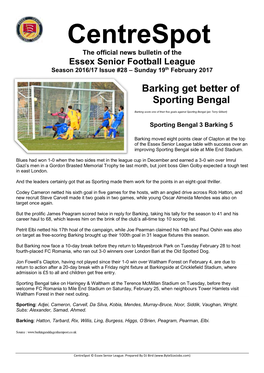Centrespot the Official News Bulletin of the Essex Senior Football League Season 2016/17 Issue #28 – Sunday 19Th February 2017