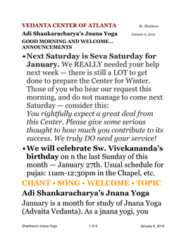 Shankara's Jnana Yoga Talk Jan 6 2019