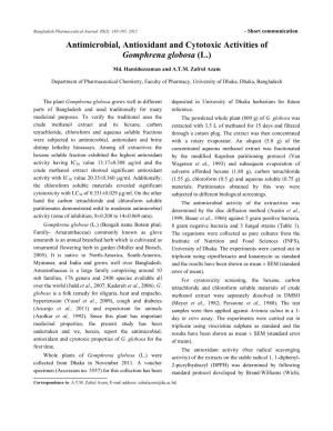 Antimicrobial, Antioxidant and Cytotoxic Activities of Gomphrena Globosa (L.)