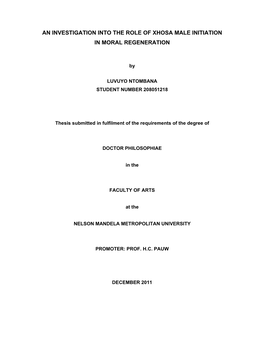 An Investigation Into the Role of Xhosa Male Initiation in Moral Regeneration