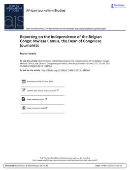 Reporting on the Independence of the Belgian Congo: Mwissa Camus, the Dean of Congolese Journalists