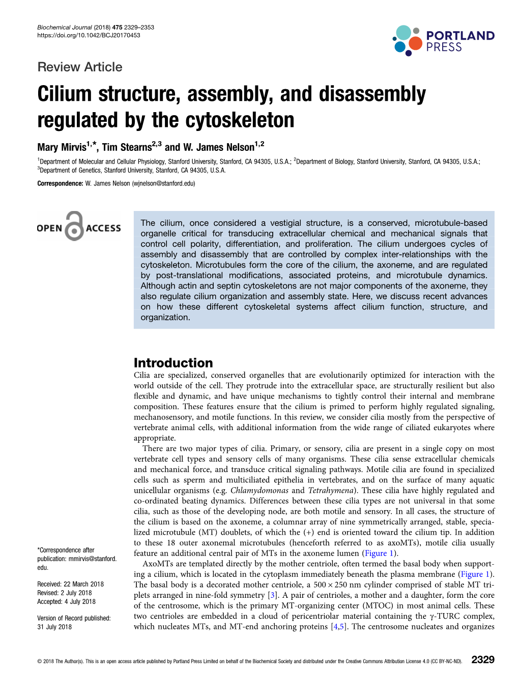 Cilium Structure, Assembly, and Disassembly Regulated by the Cytoskeleton