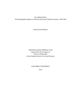 Jews Behind Glass: the Ethnographic Impulse in German-Jewish and Yiddish Literature, 1900-1948