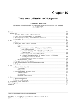 Trace Metal Utilization in Chloroplasts