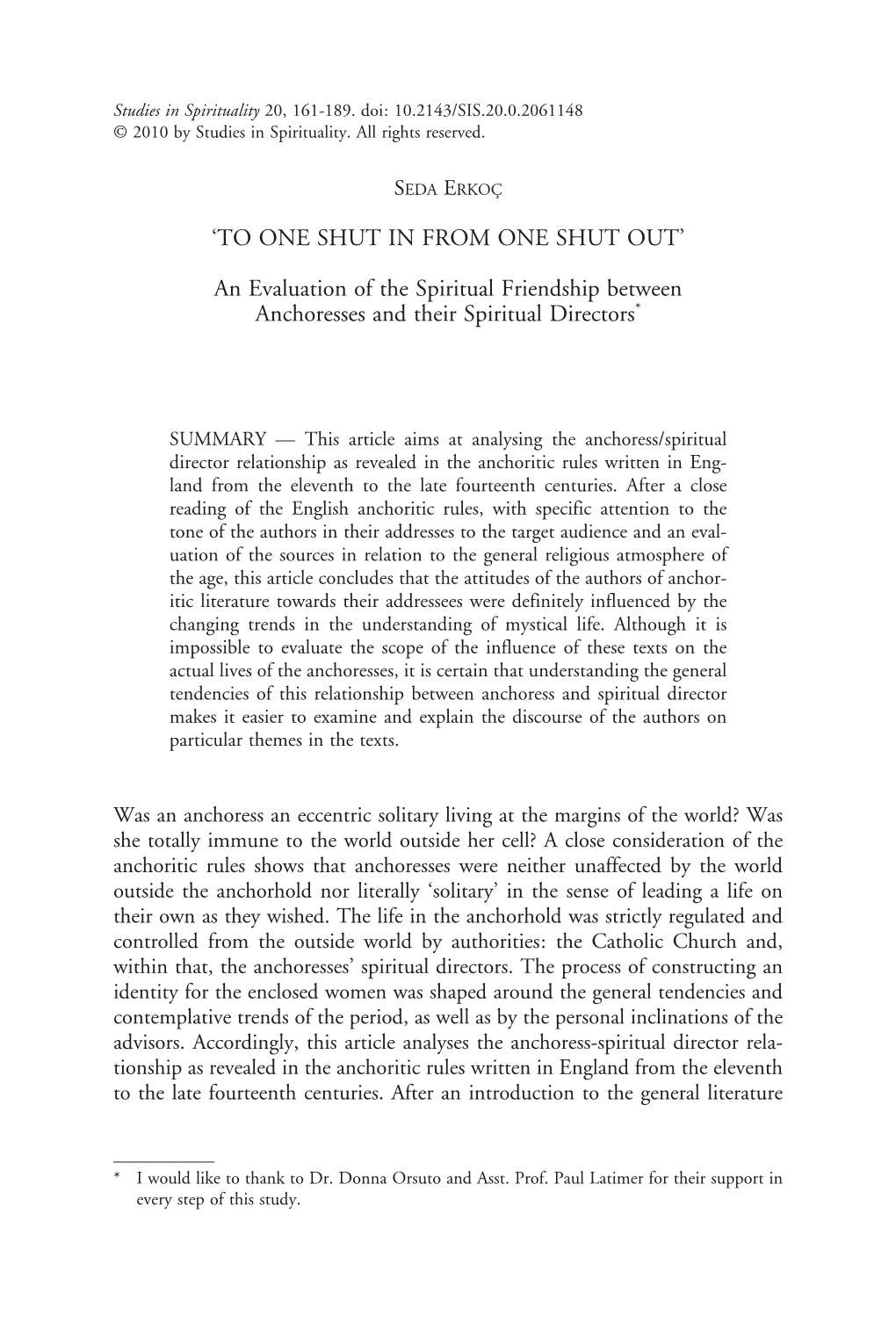 An Evaluation of the Spiritual Friendship Between Anchoresses and Their Spiritual Directors*