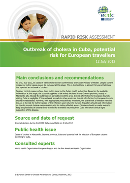 Outbreak of Cholera in Cuba, Potential Risk for European Travellers 12 July 2012