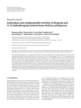 Antioxidant and Antiplasmodial Activities of Bergenin and 11-O-Galloylbergenin Isolated from Mallotus Philippensis