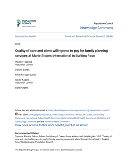 Quality of Care and Client Willingness to Pay for Family Planning Services at Marie Stopes International in Burkina Faso