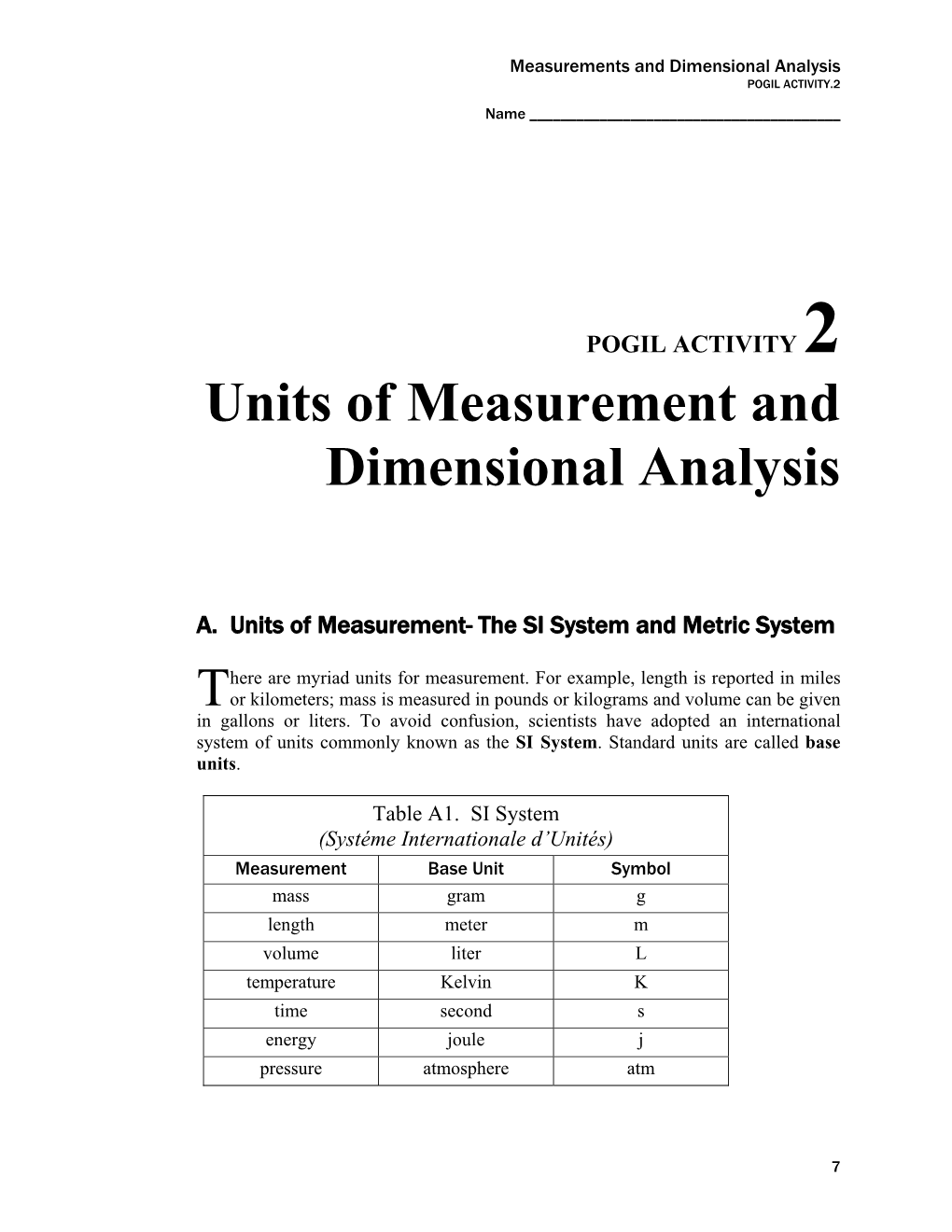 Units of Measurement and Dimensional Analysis