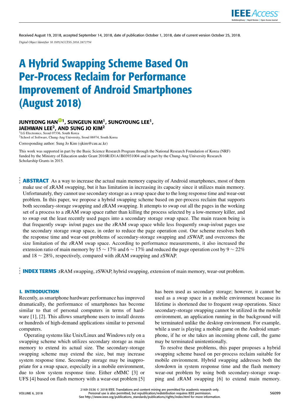 A Hybrid Swapping Scheme Based on Per-Process Reclaim for Performance Improvement of Android Smartphones (August 2018)