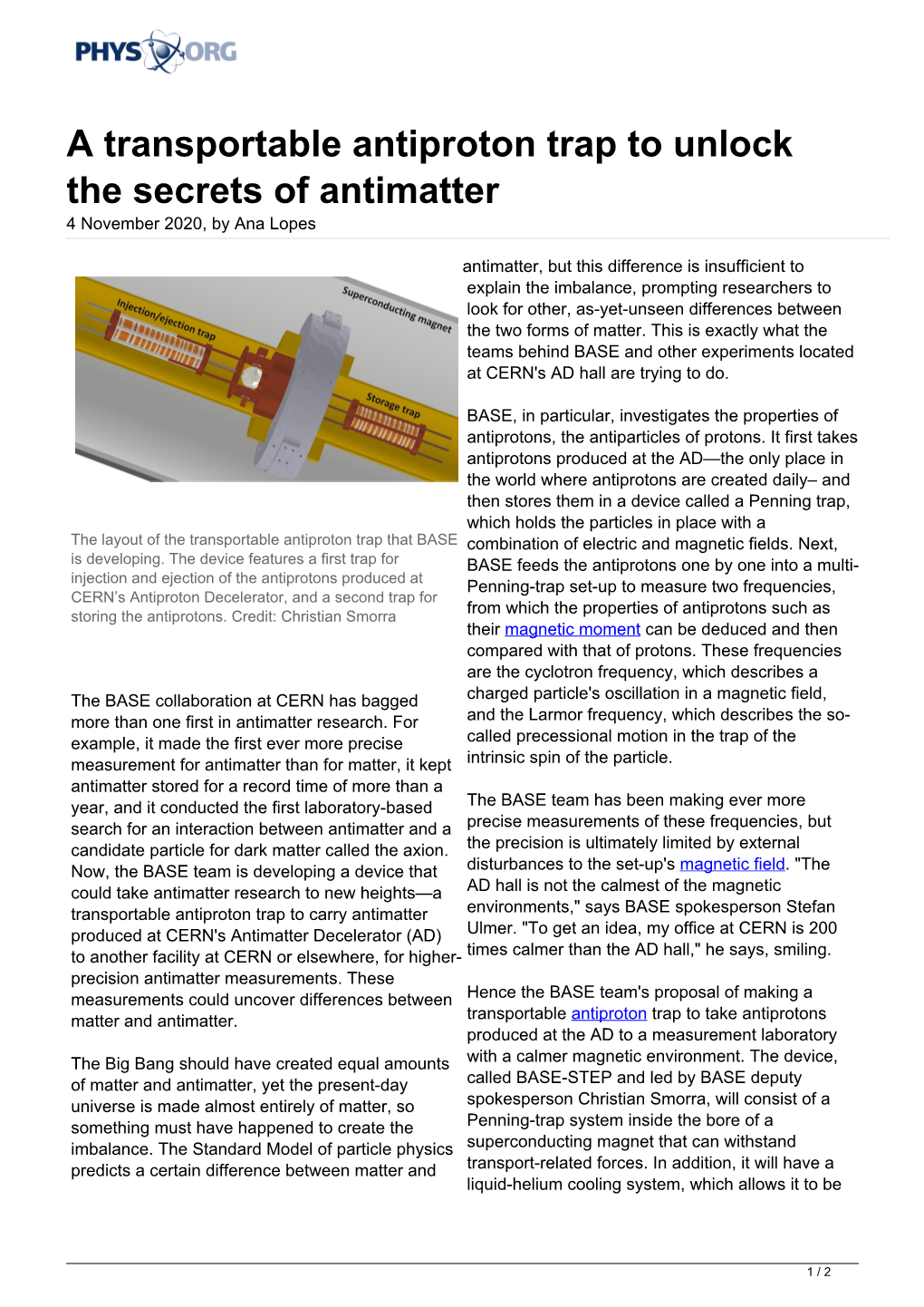 A Transportable Antiproton Trap to Unlock the Secrets of Antimatter 4 November 2020, by Ana Lopes