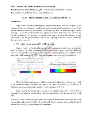 Paper Code and Title: H01RS Residential Space Designing Module Code and Name: H01RS19 Light – Measurement, Related Terms and Units Name of the Content Writer: Dr