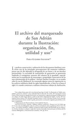 El Archivo Del Marquesado De San Adrián Durante La Ilustración: Organización, Fin, Utilidad Y Uso*
