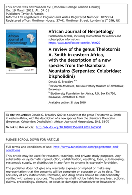 A Review of the Genus Thelotornis A. Smith in Eastern Africa, with The