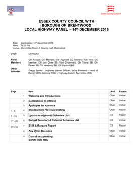 ESSEX COUNTY COUNCIL with BOROUGH of BRENTWOOD LOCAL HIGHWAY PANEL – 14Th DECEMBER 2016