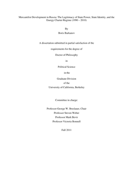 Mercantilist Development in Russia: the Legitimacy of State Power, State Identity, and the Energy Charter Regime (1990 – 2010)