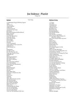 Joe Indence - Pianist Song List