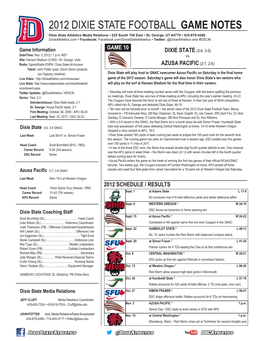 2012 DIXIE STATE FOOTBALL GAME NOTES Dixie State Athletics Media Relations • 225 South 700 East • St