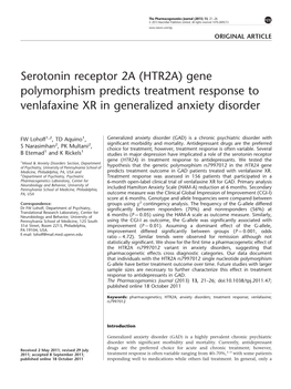 Serotonin Receptor 2A (HTR2A) Gene Polymorphism Predicts Treatment Response to Venlafaxine XR in Generalized Anxiety Disorder