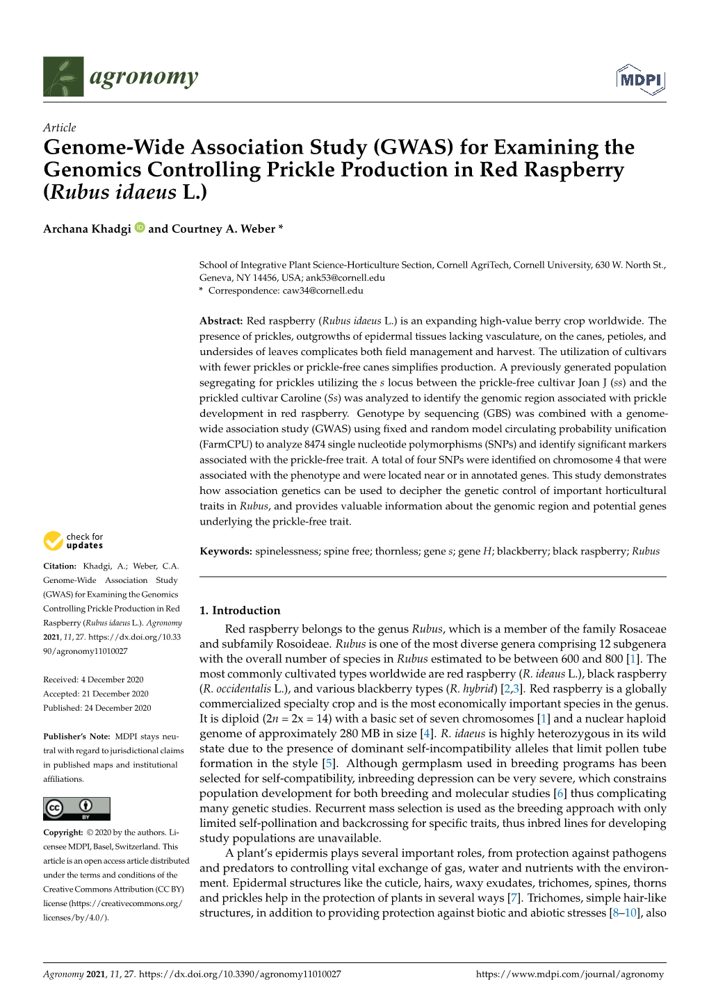 Genome-Wide Association Study (GWAS) for Examining the Genomics Controlling Prickle Production in Red Raspberry (Rubus Idaeus L.)