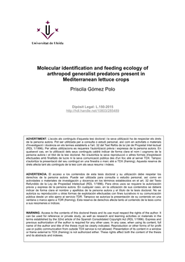 Molecular Identification and Feeding Ecology of Arthropod Generalist Predators Present in Mediterranean Lettuce Crops Priscila Gómez Polo