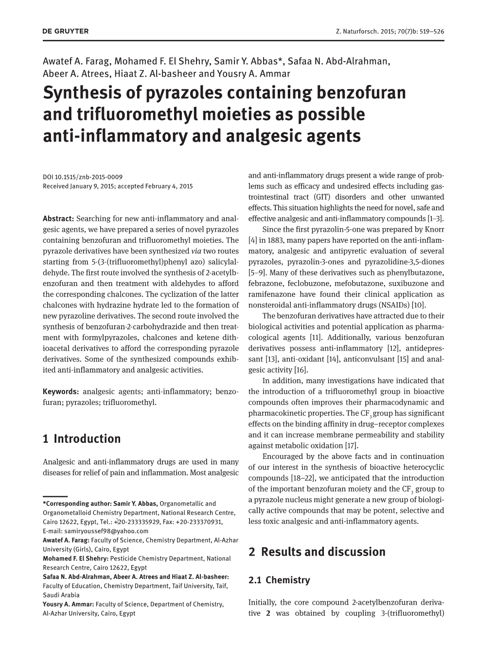 Synthesis of Pyrazoles Containing Benzofuran and Trifluoromethyl Moieties As Possible Anti-Inflammatory and Analgesic Agents