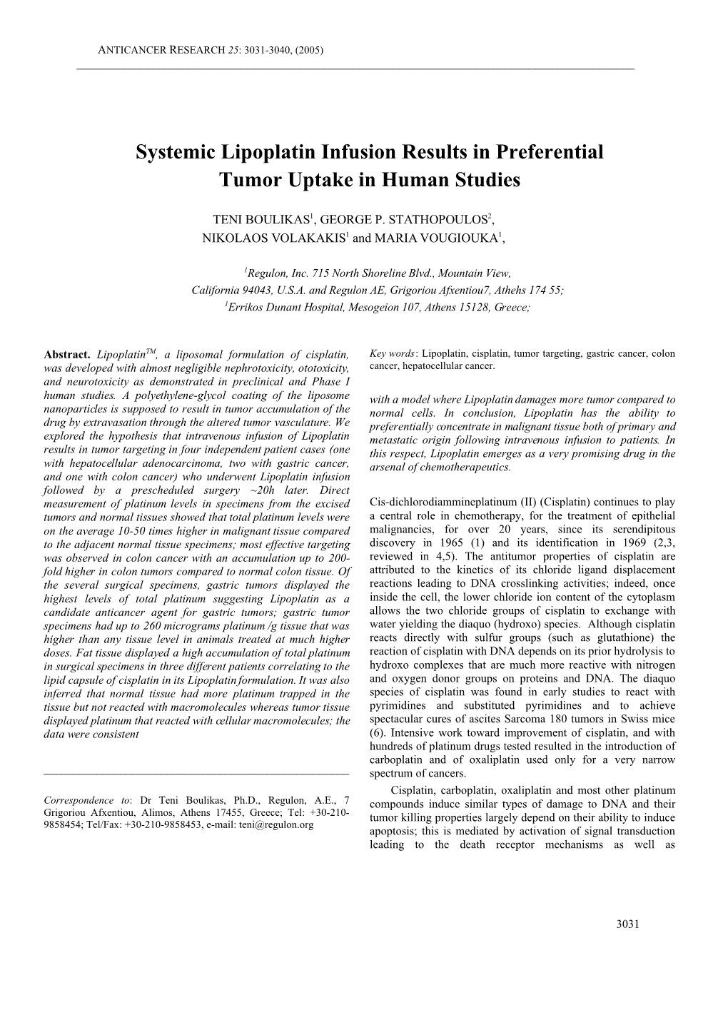 Systemic Lipoplatin Infusion Results in Preferential Tumor Uptake in Human Studies