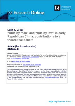 “Rule by Man” and “Rule by Law” in Early Republican China: Contributions to a Theoretical Debate
