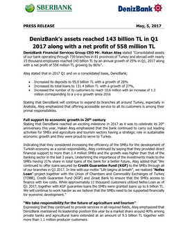 Denizbank's Assets Reached 143 Billion TL in Q1 2017 Along with A