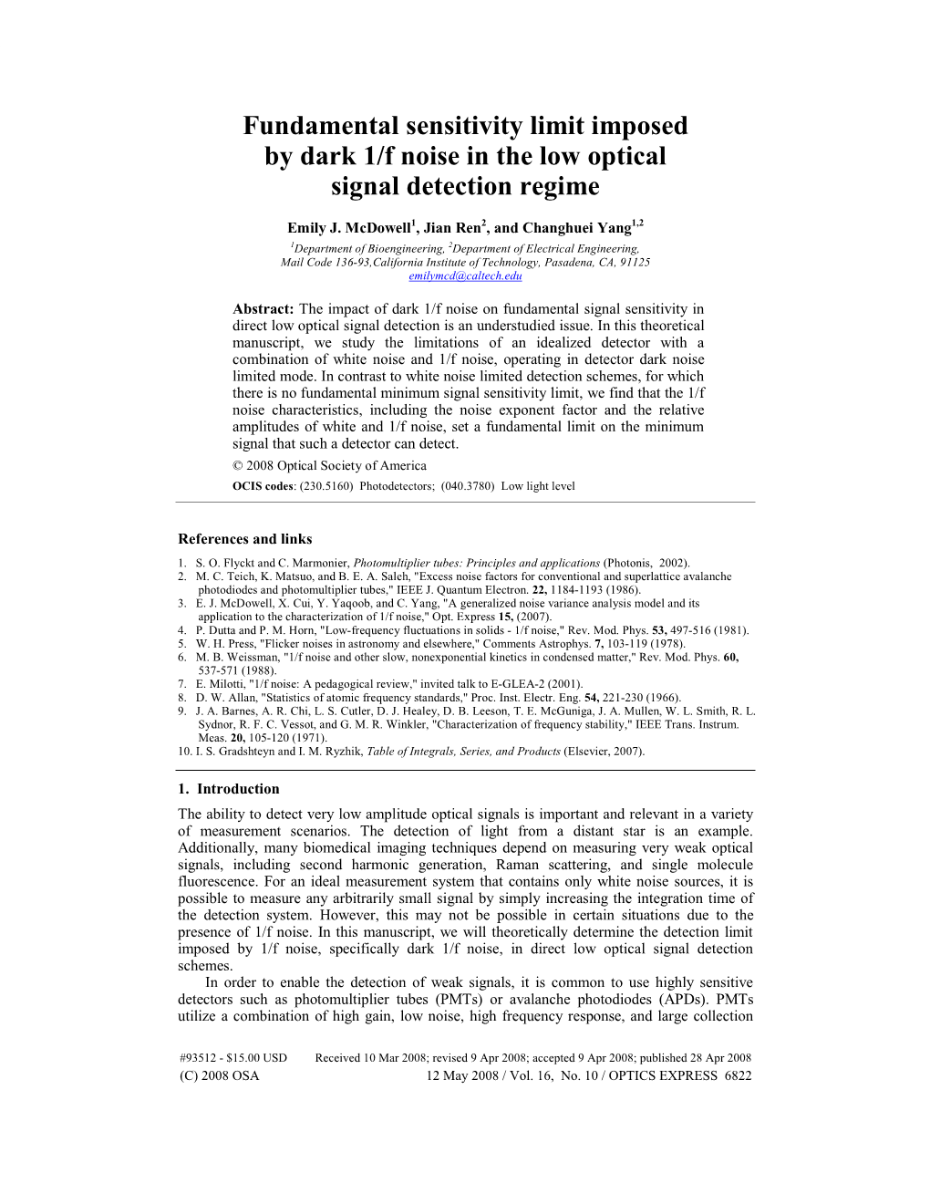 Fundamental Sensitivity Limit Imposed by Dark 1/F Noise in the Low Optical Signal Detection Regime