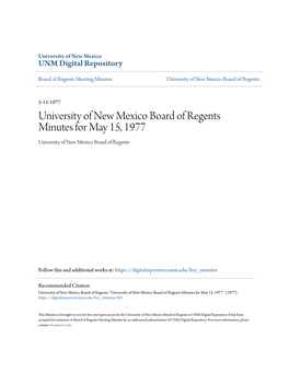 University of New Mexico Board of Regents Minutes for May 15, 1977 University of New Mexico Board of Regents