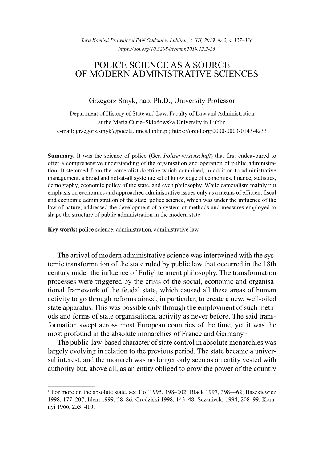 Police Science As a Source of Modern Administrative Sciences