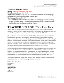 TEACHER BIBLE STUDY – Prep Time Thirteen of the Last Sixteen Chapters of the Book of Exodus Consist of Instructions for Building the Tabernacle