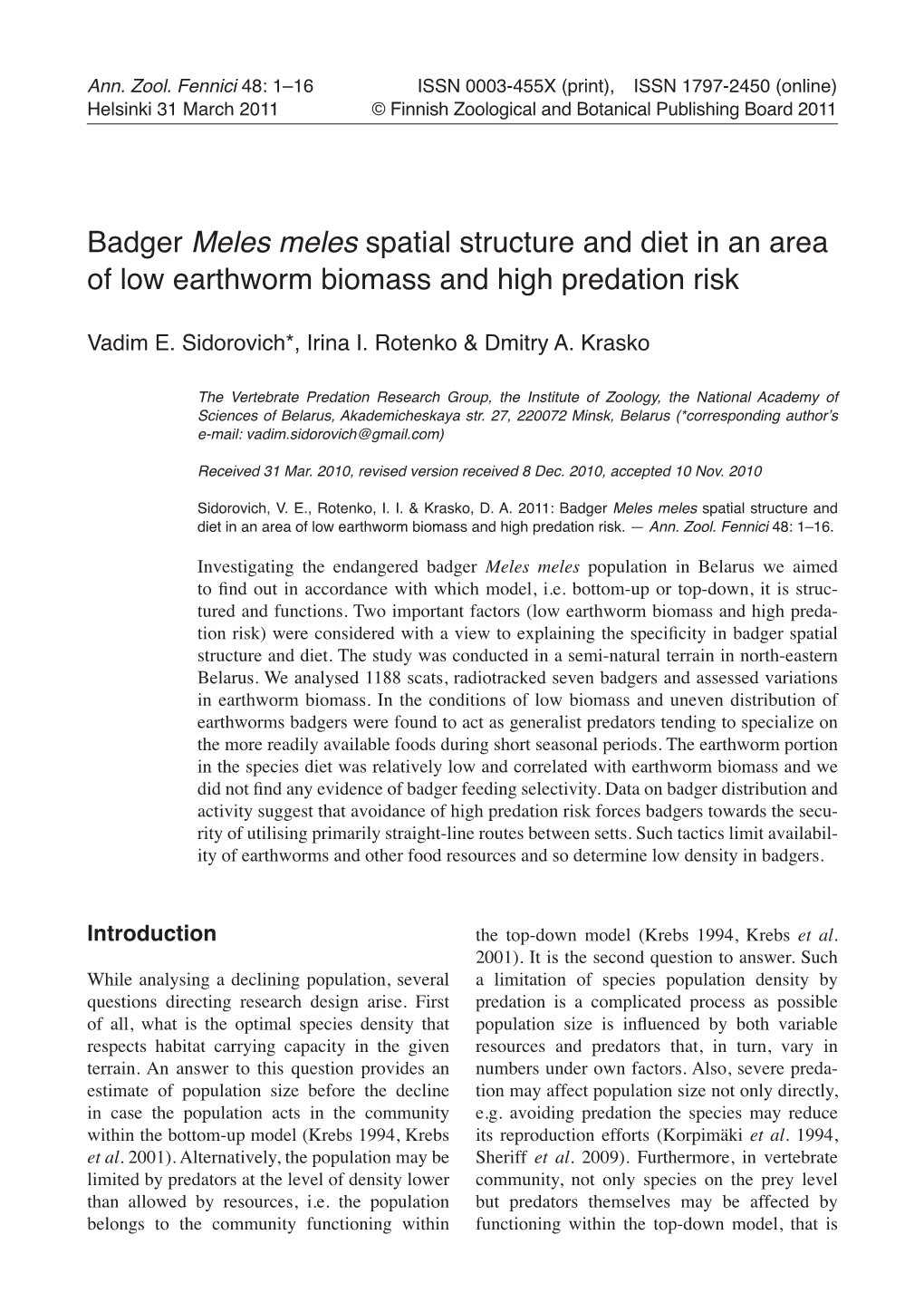 Badger Meles Meles Spatial Structure and Diet in an Area of Low Earthworm Biomass and High Predation Risk