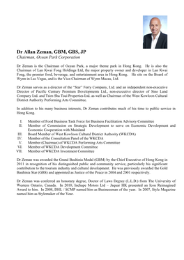 Dr Allan Zeman, GBM, GBS, JP Chairman, Ocean Park Corporation