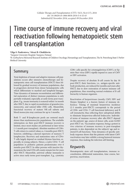 Time Course of Immune Recovery and Viral Reactivation Following Hematopoietic Stem Cell Transplantation