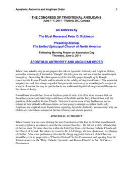 Apostolic Authority and Anglican Orders, Somewhat Whimsically I Decided to “Google” the Title Given Me, and See What That Search Engine Brought Up