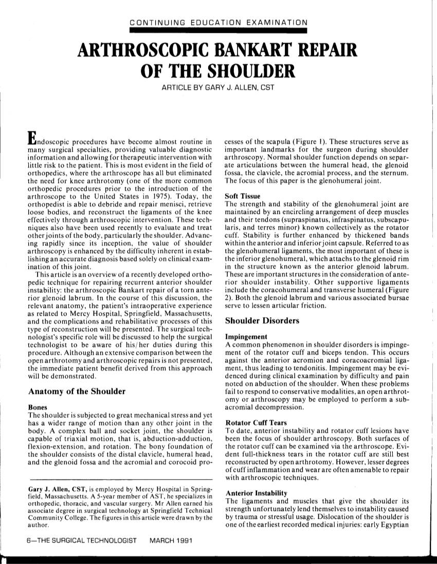 Arthroscopic Bankart Repair of the Shoulder Article by Gary J