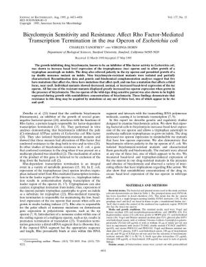 Bicyclomycin Sensitivity and Resistance Affect Rho Factor-Mediated Transcription Termination in the Tna Operon of Escherichia Coli