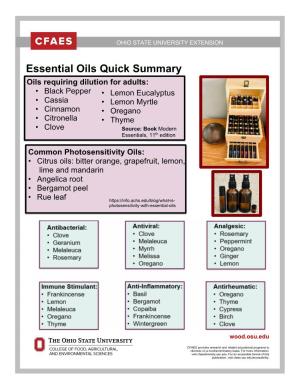 Essential Oils Quick Summary