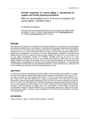 Growth Response of Lemna Gibba L. (Duckweed) to Copper and Nickel Phytoaccumulation Effet De L’Accumulation De Cu Et Ni Sur La Croissance De Lemna Gibba L