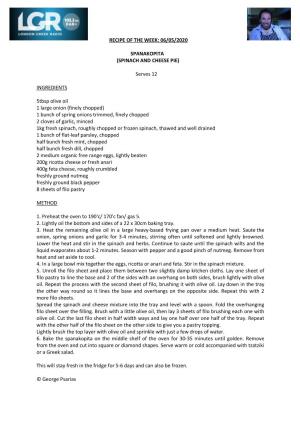 Recipe of the Week: 06/05/2020 Spanakopita (Spinach And