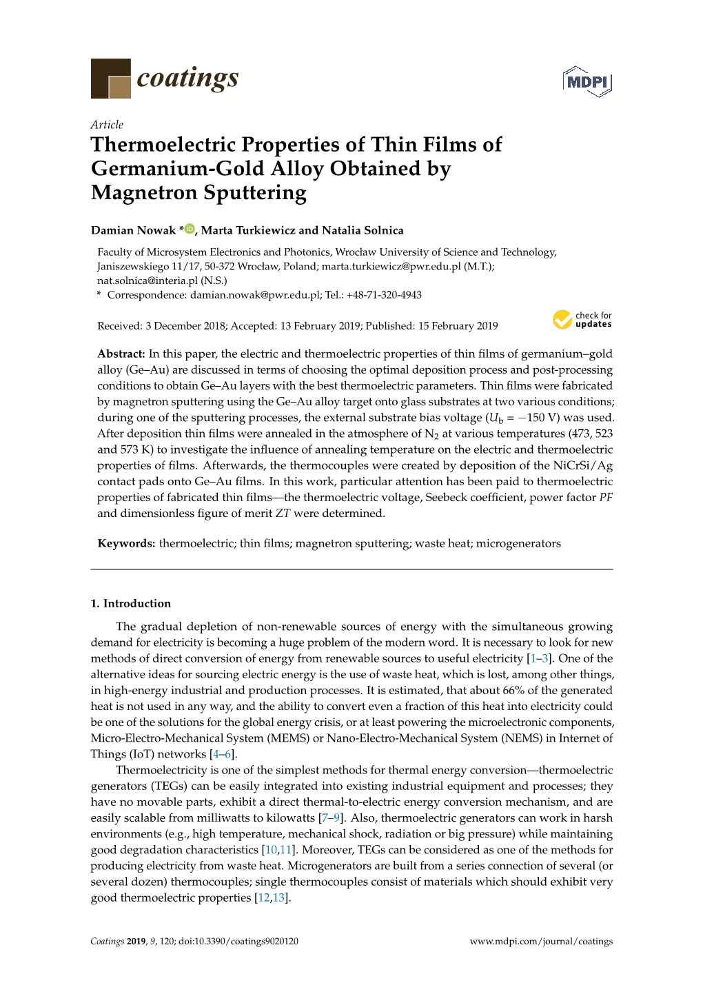 Thermoelectric Properties of Thin Films of Germanium-Gold Alloy Obtained by Magnetron Sputtering