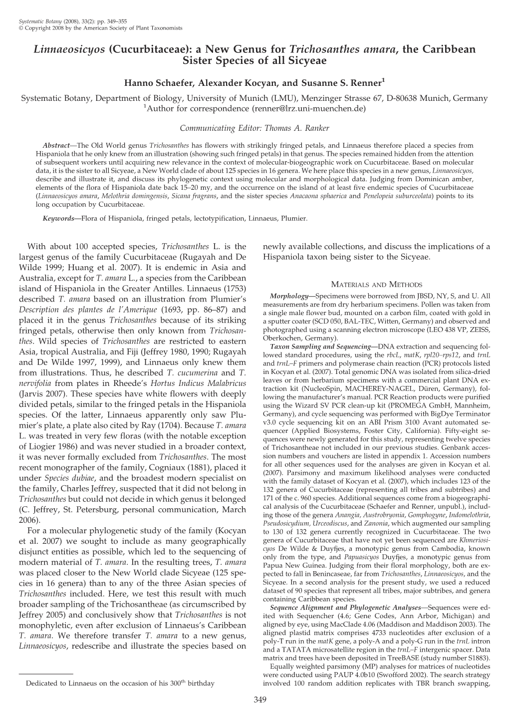 A New Genus for Trichosanthes Amara, the Caribbean Sister Species of All Sicyeae