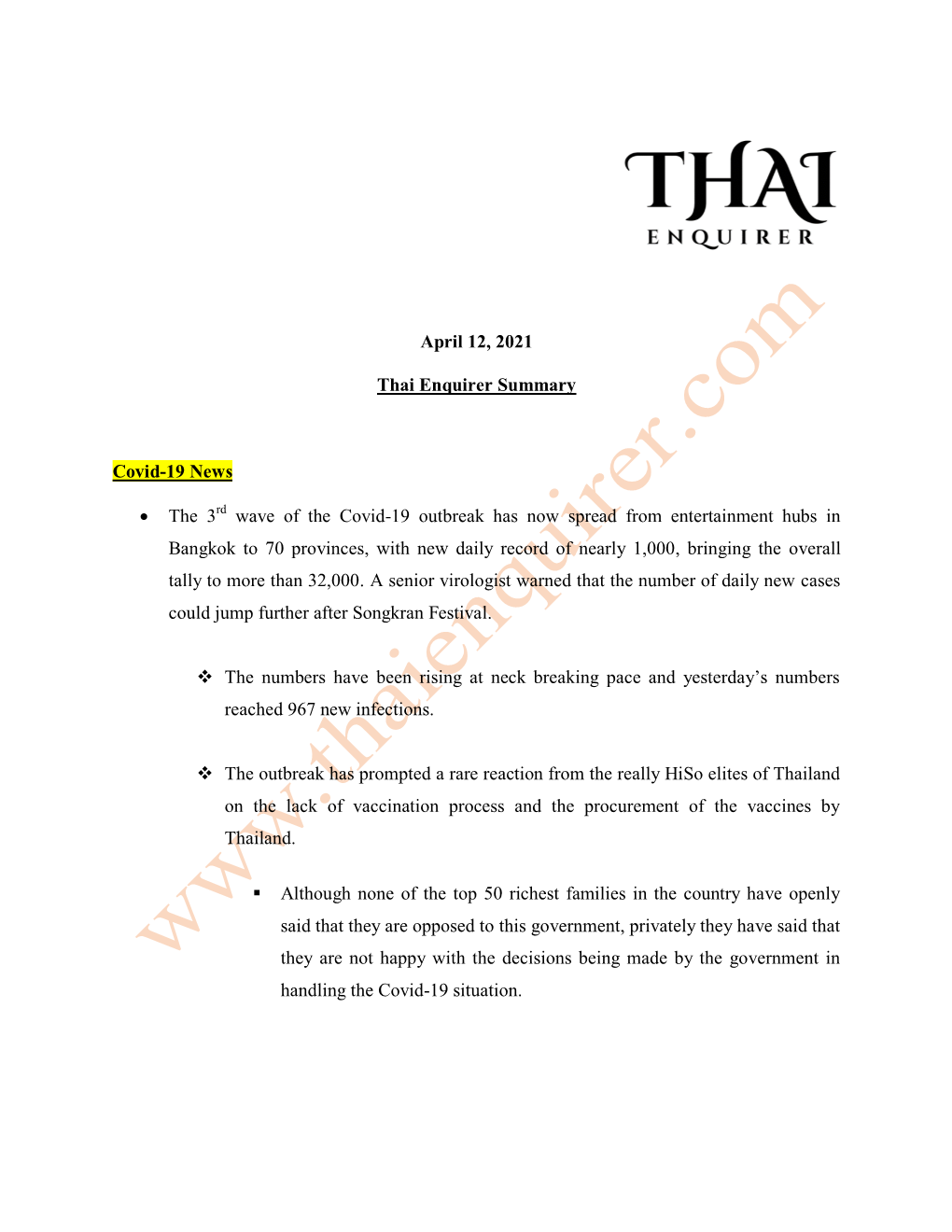 April 12, 2021 Thai Enquirer Summary Covid-19 News • the 3 Wave of The