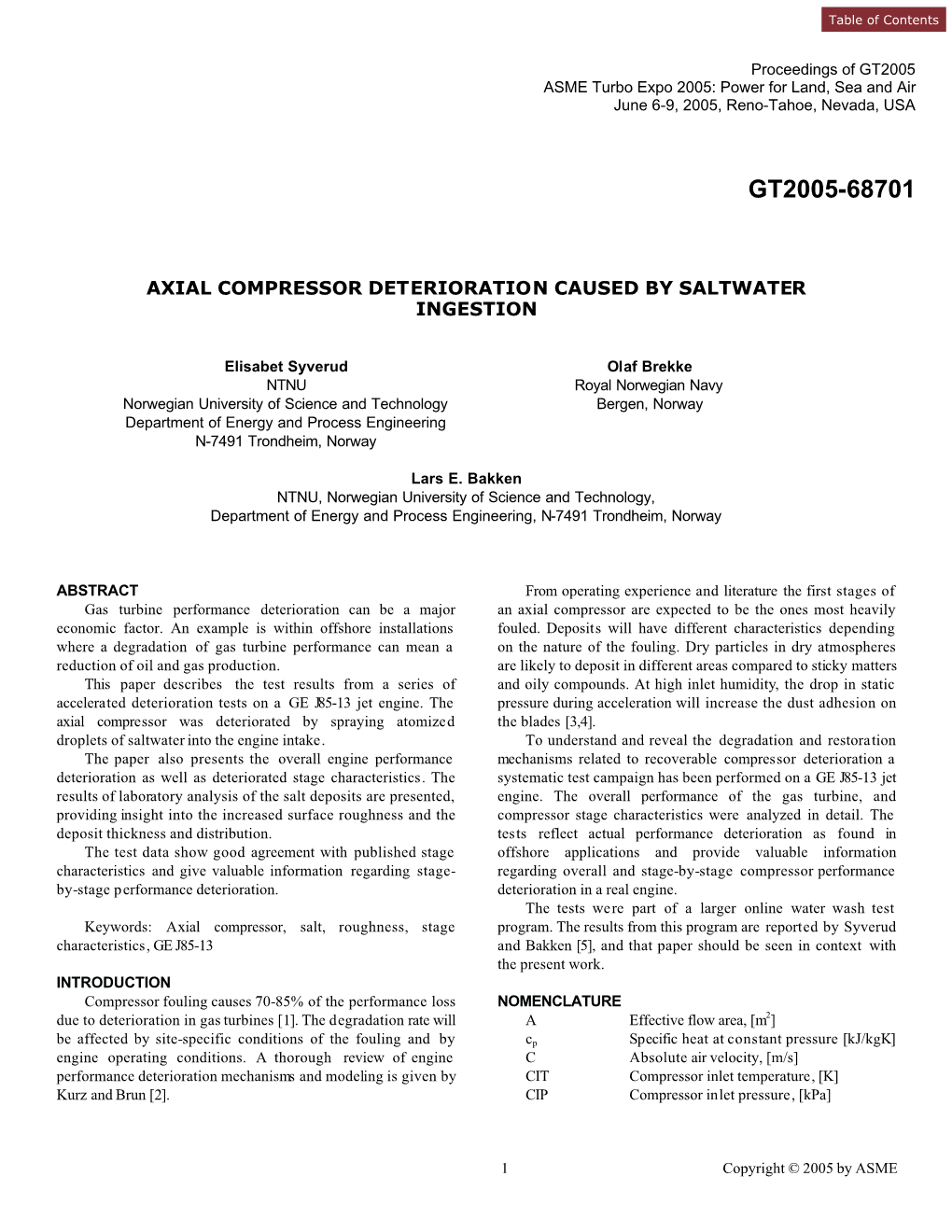 Axial Compressor Deterioration Caused by Saltwater Ingestion